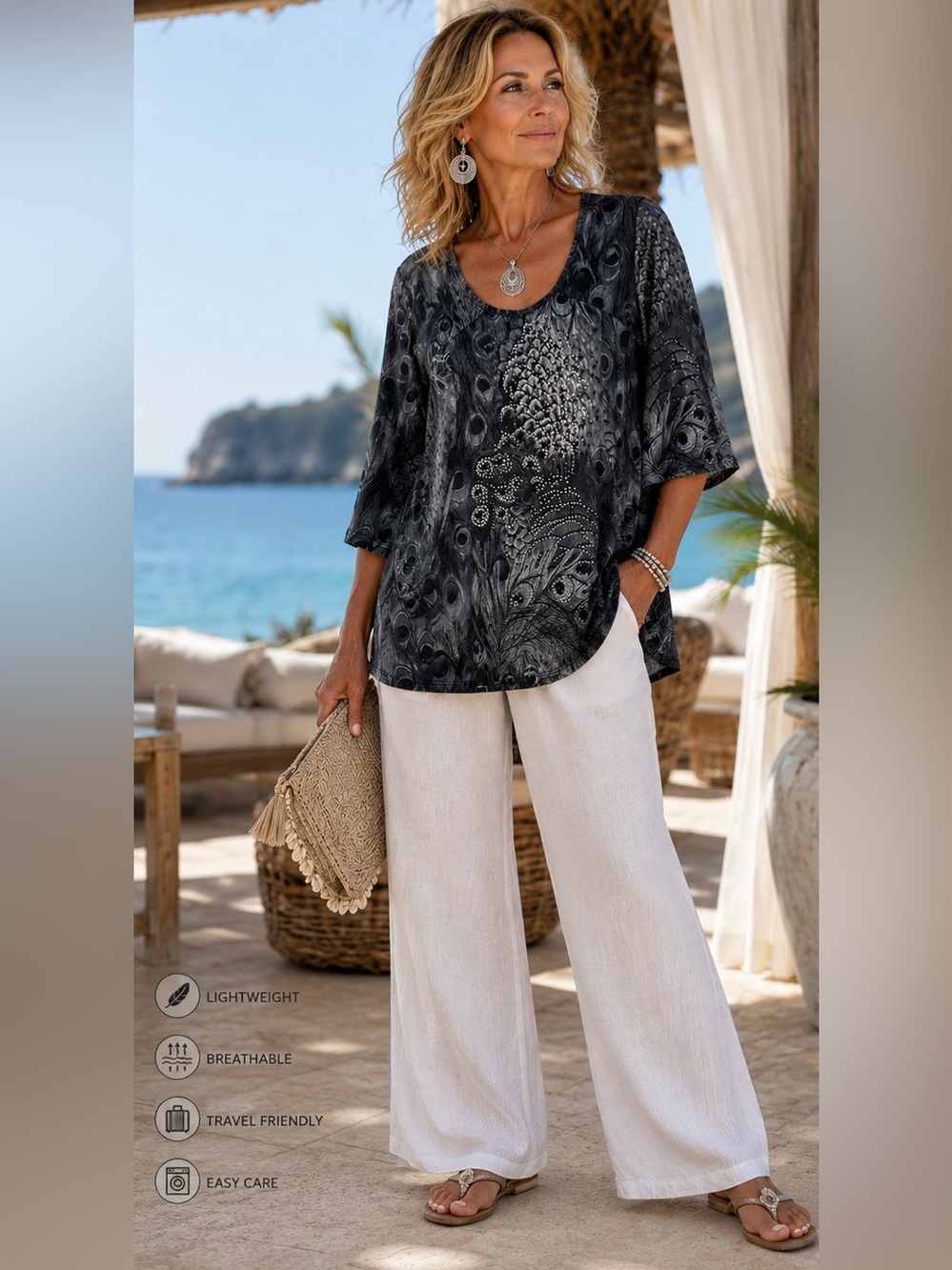 Lady Noiz Gray with Rhinestones Peacock-Print Scoop Neck 3/4 Sleeve Tunic Small
